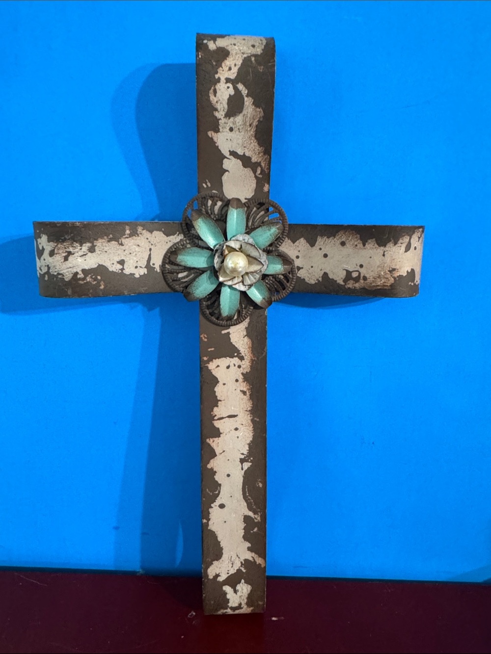 Decorative western/farmhouse metal Cross with flower centerpiece with white bead